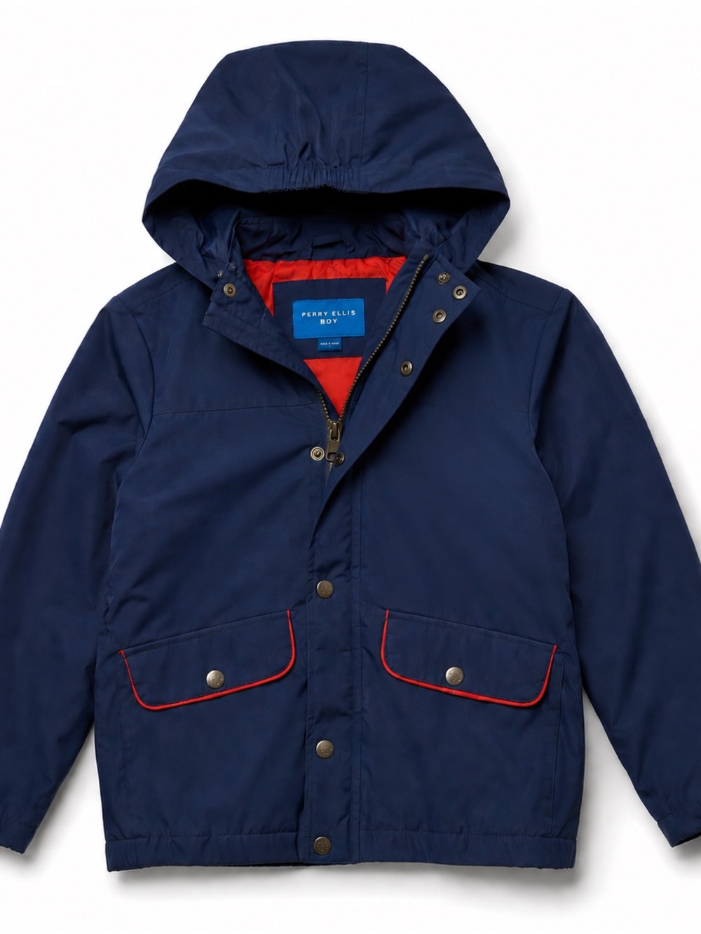Perry Ellis Boy Hooded Navy Blue Jacket Size 6 Red Trim Rain Coat